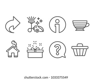 Set of Share, Cappuccino and Vacuum cleaner icons. Question mark, Present box and Shop cart signs. Link, Coffee cup, Vacuum-clean. Help support, Sale offer, Web buying. Vector