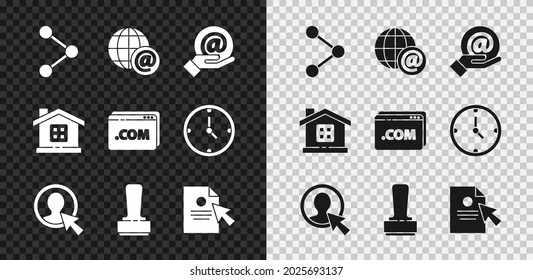 Set Share, Earth globe with mail, Mail and e-mail in hand, Create account screen, Stamp, Document cursor, House and Website template icon. Vector