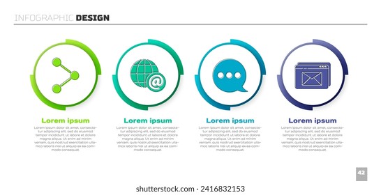 Teilen, Erde-Globus mit E-Mail, Sprechblase-Chat und Website und Umschlag. Infografik-Vorlage für Unternehmen. Vektorgrafik