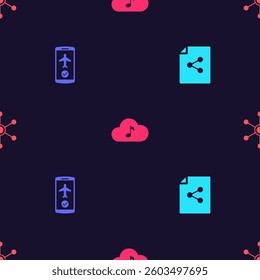 Set Share file, Flight mode in the mobile, Music streaming service and Network on seamless pattern. Vector