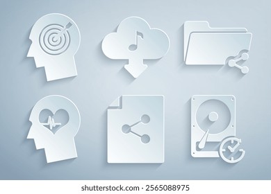 Set Share file, folder, Head with heartbeat, Hard disk drive clockwise, Cloud download music and hunting concept icon. Vector