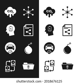 Teilen Sie die Datei, Kopf mit niedrigem Akku, CO2-Emissionen in Cloud, Netzwerk, Auto-Sharing und Bomb bereit für explodieren Symbol. Vektorgrafik