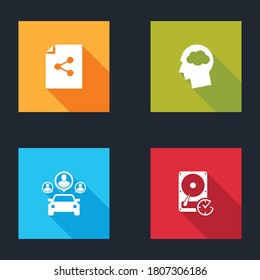 Set Share file, Head silhouette with cloud, Car sharing and Hard disk drive clockwise icon. Vector.