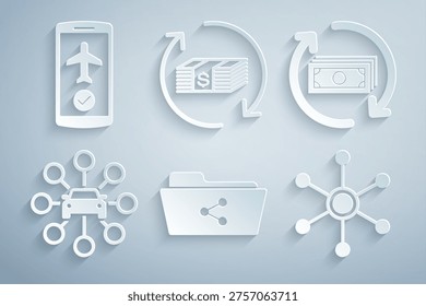 Set Share folder, Refund money, Car sharing, Network,  and Flight mode the mobile icon. Vector