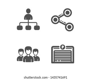 Set of Share, Group and Management icons. Parking garage sign. Follow network, Group of people, Agent. Automatic door.  Classic design share icon. Flat design. Vector