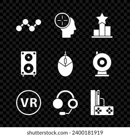 Set Share, Head hunting concept, Star, Virtual reality glasses, Headphones, Game console with joystick, Stereo speaker and Computer mouse gaming icon. Vector