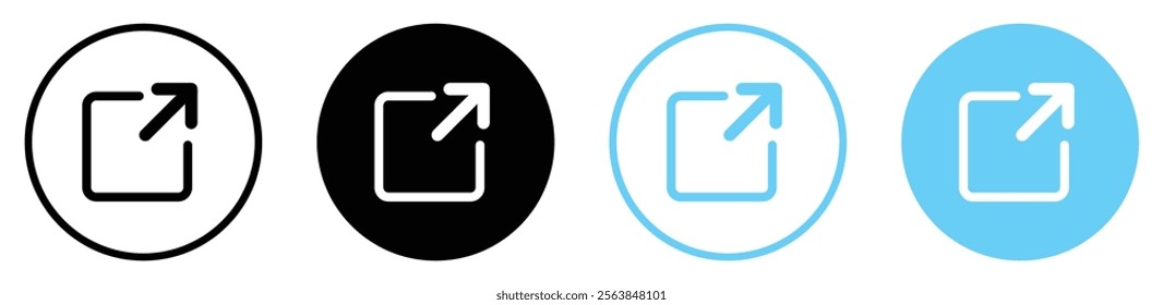 Set of share icon button with arrow. Share and send icon button set in black and blue color. External link icon with arrow box. Send message icon. Flat design. Vector illustration.