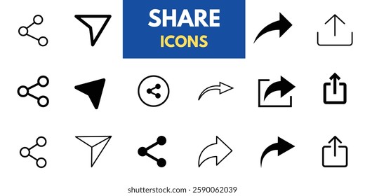 Set of share icons: arrow symbol, reply, send, and forward buttons; message send icon; upload icon; connection symbol; network sharing icon.