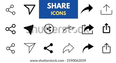 Set of share icons: arrow symbol, reply, send, and forward buttons; message send icon; upload icon; connection symbol; network sharing icon.