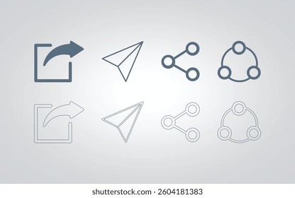 Set of share icons and arrow for web and mobile app in grey color with silver abstract background
