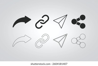 Set of share icons for web and mobile app in black color with silver abstract background