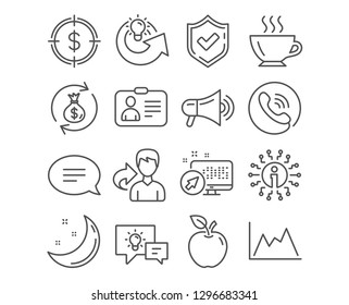 Set of Share idea, Chat and Money exchange icons. Idea lamp, Diagram and Coffee signs. Dollar target, Id card and Megaphone symbols. Solution, Speech bubble, Cash in bag. Vector
