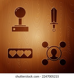 Set Share, Joystick para la máquina de arcade, Like y heart and Sword para jugar sobre fondo de madera. Vector