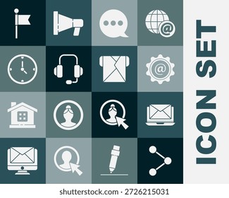 Set Compartir, portátil con sobre, correo y correo electrónico, chat de burbuja de voz, auriculares, reloj, marcador de Locación e ícono de sobre. Vector