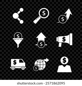 Set Share, Magnifying glass and dollar, Financial growth coin, Armored truck, Earth globe with, Business man planning mind, Lead management and  icon. Vector