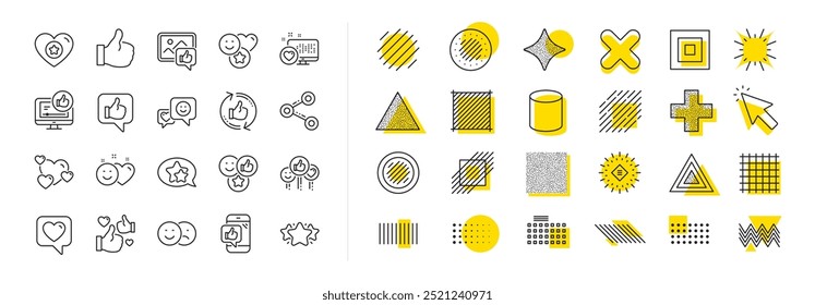 Set - Share network, Social links and Rating linear icons. Design shape elements. Social media line icons. Heart, Feedback smile emotion and internet media. Vector