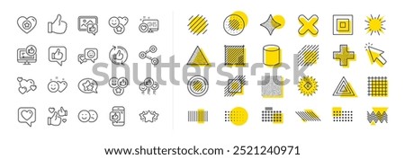 Set - Share network, Social links and Rating linear icons. Design shape elements. Social media line icons. Heart, Feedback smile emotion and internet media. Vector