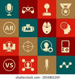 Set Share, Portable video game console, Head hunting concept, Joystick for arcade machine, Ar, augmented reality, Microphone and Computer mouse gaming icon. Vector