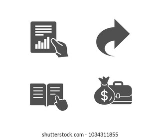 Set of Share, Read instruction and Document icons. Salary sign. Link, Opened book, File with diagram. Diplomat with money bag.  Quality design elements. Classic style. Vector