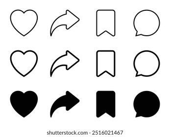 set of share, save, love and comment icons with different width isolaed on white background