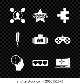 Set Share, Star, Piece of puzzle, Head hunting concept, Like and heart, Computer monitor, Sword for game and Ar, augmented reality icon. Vector