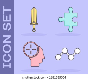 Set Share, Sword for game, Head hunting concept and Piece of puzzle icon. Vector