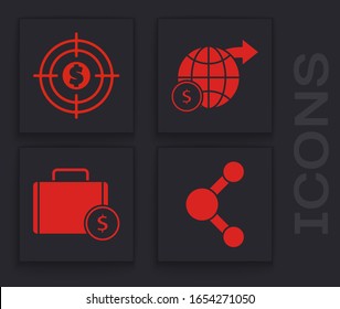 Establecer Share, Target con el dólar, el globo terrestre con el dólar y Maletín e icono del dinero. Vector