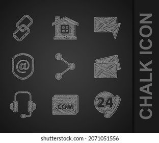Set Share, Website template, Telephone 24 hours support, Envelope, Headphones, Shield with mail and e-mail,  and Chain link icon. Vector