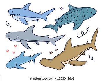 Set of shark animal fish cartoon vector drawing