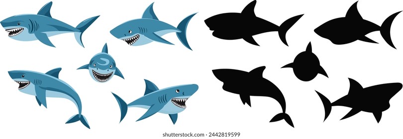 set of shark character, in flat style vector