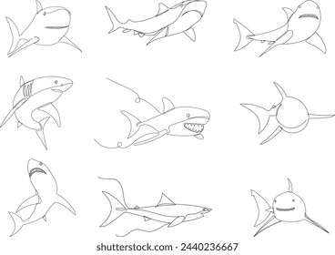 set of shark drawing continuous line on white background, vector