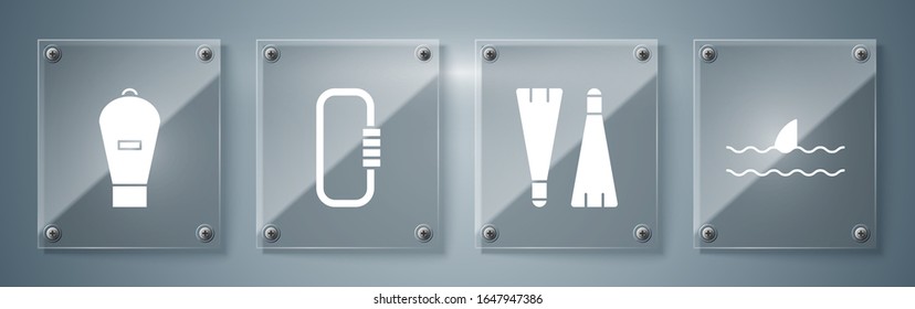 Set Shark fin in ocean wave, Rubber flippers for swimming, Carabiner and Lift bag. Square glass panels. Vector