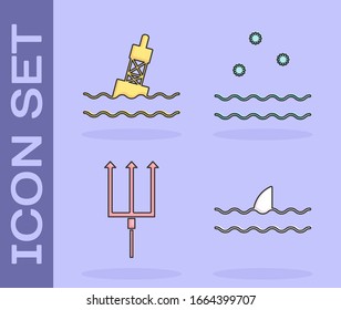 Set Shark fin in ocean wave, Floating buoy on the sea, Neptune Trident and Cold and waves icon. Vector
