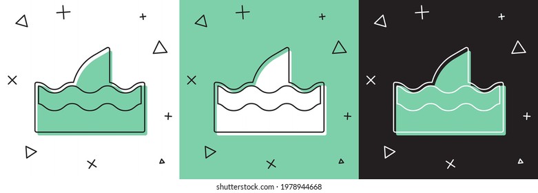 Set Shark fin in ocean wave icon isolated on white and green, black background.  Vector