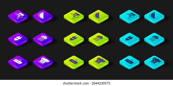 Ponga la aleta de tiburón en la ola del océano, músculo de la culturista, traje de baño, medusa, sandía e ícono de pistola. Vector
