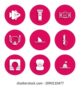 Set Shark fin in ocean wave, Shell with pearl, Floating buoy on the sea, Knife, Life jacket, Diving mask, Photo camera and Fish icon. Vector