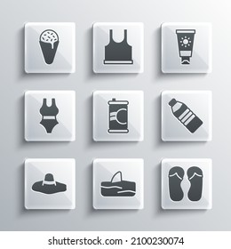 Set Shark fin in ocean wave, Flip flops, Bottle of water, Soda can, Elegant women hat, Swimsuit, Ice cream waffle cone and Sunscreen tube icon. Vector