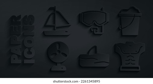 Set Shark fin in ocean wave, Sand bucket, Electric fan, Bodybuilder muscle, Diving mask and Yacht sailboat icon. Vector