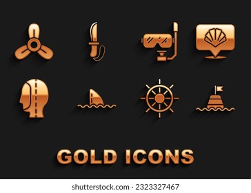 Set Shark fin in ocean wave, Scallop sea shell, Floating buoy on the, Ship steering wheel, Diving hood, mask and snorkel, Boat propeller, turbine and Knife icon. Vector