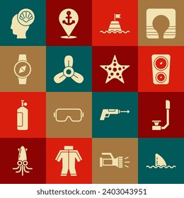 Die Haifischflossen in Meereswellen, Schnorchel, Waage-Maßstab, schwimmende Bojen auf dem Meer, Bootspropeller, Turbine, Kompass, Scallop-Muschel und Starfish-Symbol. Vektorgrafik