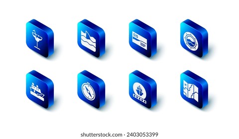 Set Shark fin in ocean wave, Postcard travel, Ship porthole with seascape, Folded map, Cruise ship, Compass,  and Cocktail icon. Vector