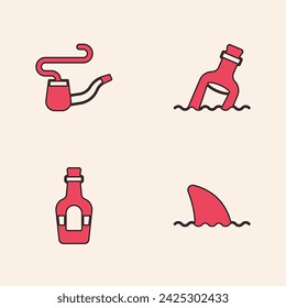 Set Shark fin in ocean wave, Smoking pipe, Bottle with message water and Alcohol drink Rum icon. Vector