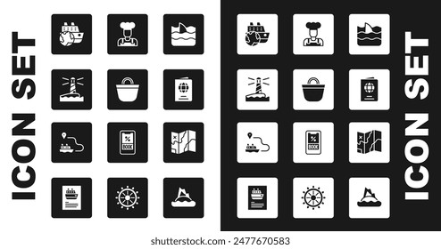 Set Shark fin in ocean wave, Beach bag, Lighthouse, Cruise ship, Passport, Cook, Folded map and Ship line path icon. Vector