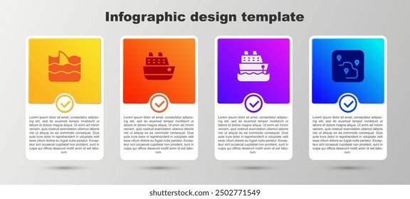 Set Shark fin in ocean wave, Cruise ship,  and Route location. Business infographic template. Vector