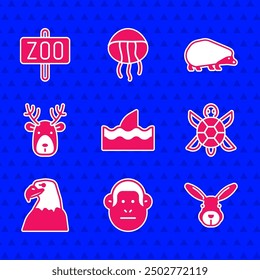 Set Shark fin in ocean wave, Monkey, Rabbit head, Turtle, Eagle, Deer with antlers, Hedgehog and Zoo park icon. Vector