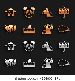 Set Shark fin in ocean wave, Zoo park, Hedgehog, Macaw parrot, Elephant, Horse head, Sheep and Cute panda face icon. Vector