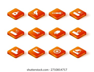 Set Shark fin in ocean wave, Cargo ship, Periscope, Inflatable boat with motor, Ship steering wheel, bell, Yacht sailboat and  icon. Vector