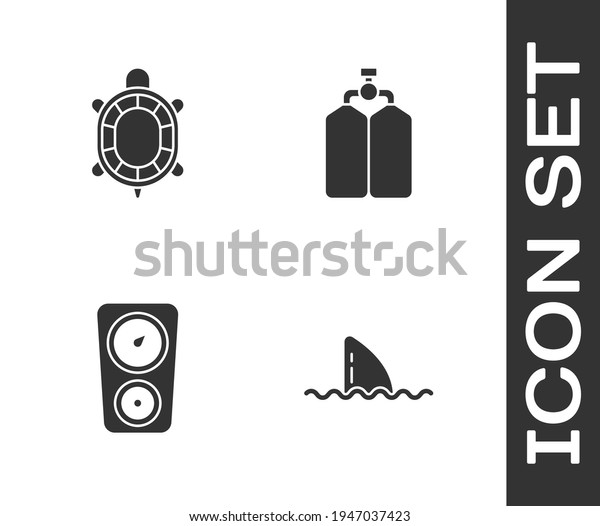 Set Shark fin in ocean wave, Turtle, Gauge scale\
and Aqualung icon. Vector