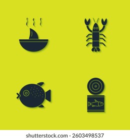Set Shark fin soup, Canned fish, Puffer and Lobster icon. Vector