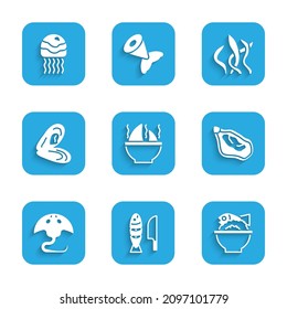 Set Shark fin soup, Fish with sliced pieces, Served fish on bowl, Mussel, Stingray, Seaweed and Jellyfish icon. Vector
